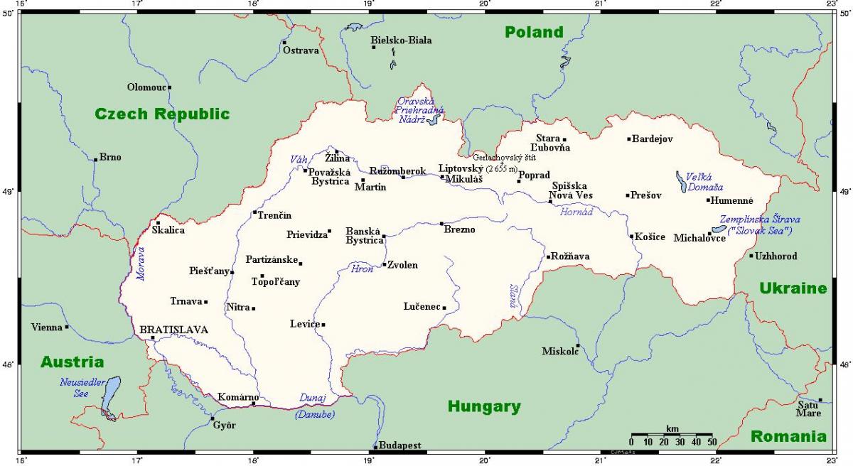 карта з містами Словаччини